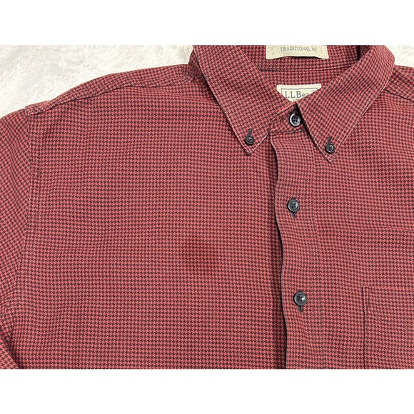 LL BEAN Flannel Button Down Shirt Mens Size Large L-REG Red & Black Houndstooth - Picture 5 of 12